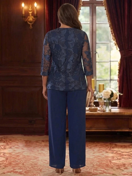 Plus Size 3 Pieces Chiffon Mother of the Bride Pantsuits with Lace Floral 3/4 Sleeves