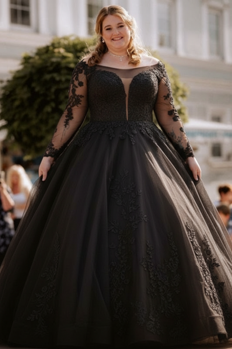 Black Plus Size Wedding Dresses Aline Tulle Long Sleeves White Bridal Dress