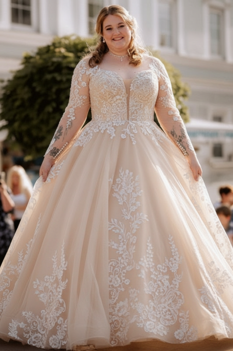 Champagne Plus Size Wedding Dresses Aline Tulle Long Sleeves White Bridal Dress
