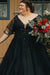 Plus Size Black Wedding Dress Aline V-Neck Tulle Short Sleeves Ball Gown