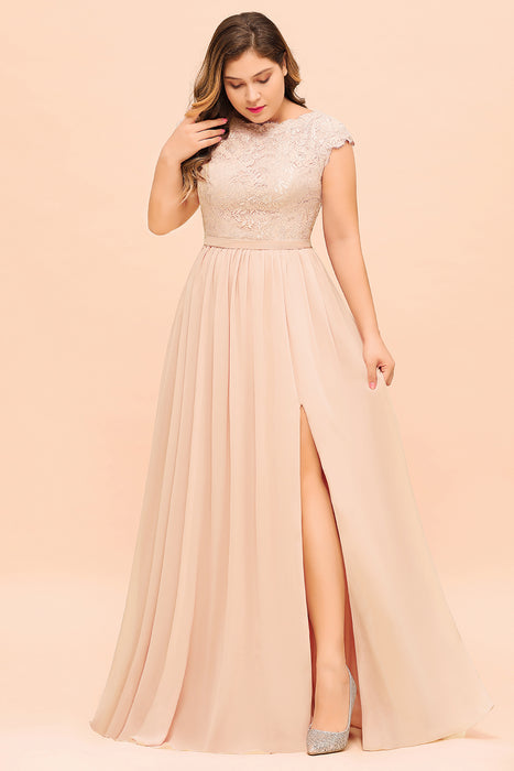 Plus Size Bridesmaid Dress Lace with Split Cap Sleeves Chiffon Wedding Guest Dress