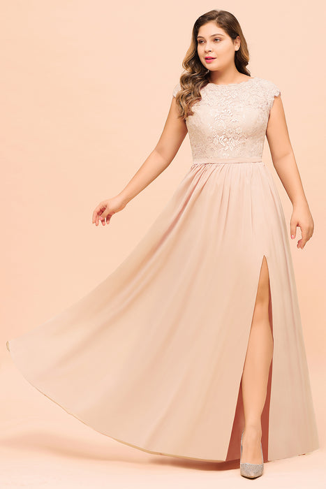 Plus Size Bridesmaid Dress Lace with Split Cap Sleeves Chiffon Wedding Guest Dress