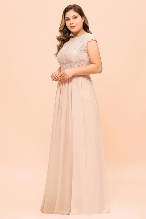 Plus Size Bridesmaid Dress Lace with Split Cap Sleeves Chiffon Wedding Guest Dress