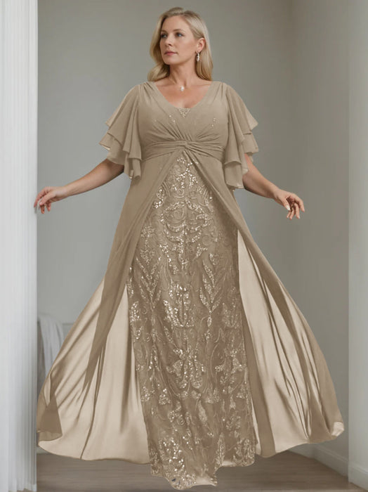 Plus Size Floor-Length Mother of the Bride A-Line Dress with V-Neck and Half Sleeves