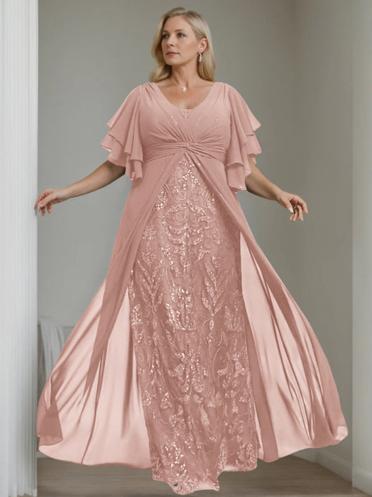 Plus Size Floor-Length Mother of the Bride A-Line Dress with V-Neck and Half Sleeves