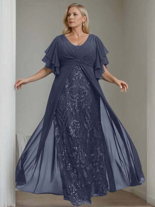 Plus Size Floor-Length Mother of the Bride A-Line Dress with V-Neck and Half Sleeves