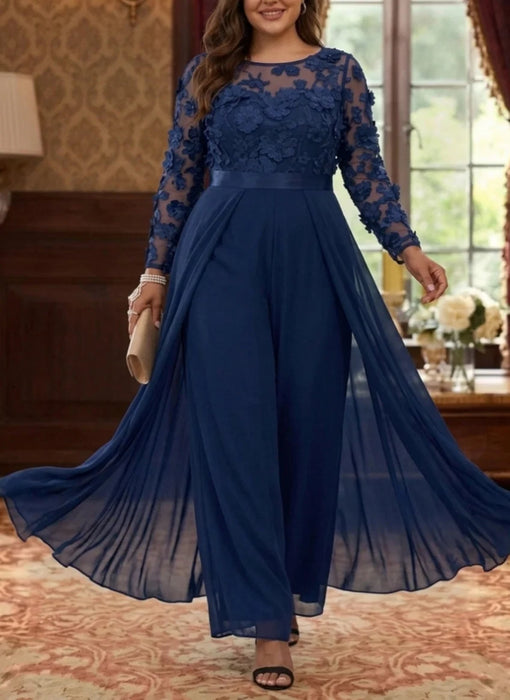 Plus size navy chiffon jumpsuit with a lace bodice and overskirt panels