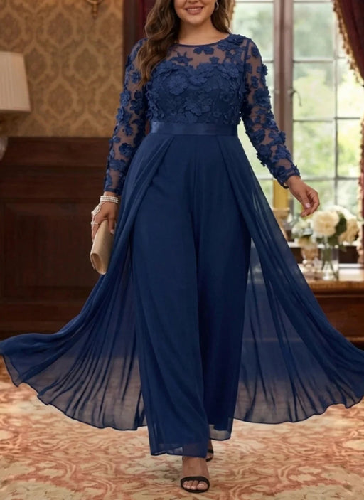 Plus size navy chiffon jumpsuit with a lace bodice and overskirt panels