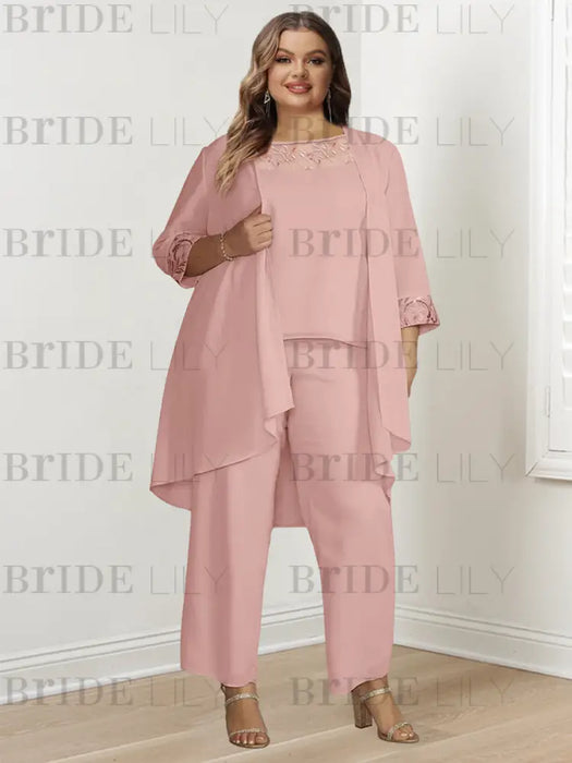 Plus size chiffon three piece pantsuit with a long jacket in blush pink