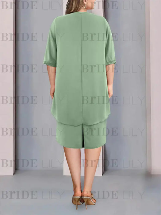 Plus size back view of the sage green chiffon overlay dress