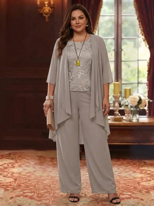 Taupe chiffon waterfall jacket pantsuit on plus size model