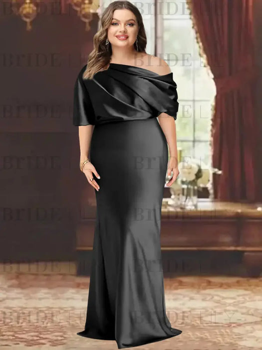 Black plus size draped satin mother of the bride gown with blouson top