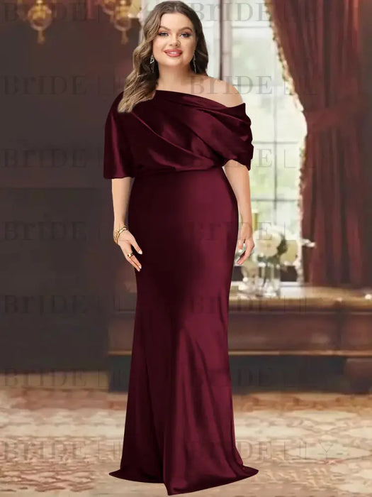 Plus size draped satin column gown with a blouson top in burgundy