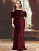 Plus size draped satin column gown with a blouson top in burgundy