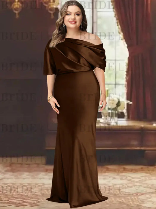 Plus size draped satin column gown with a blouson top in chocolate brown