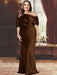 Plus size draped satin column gown with a blouson top in chocolate brown