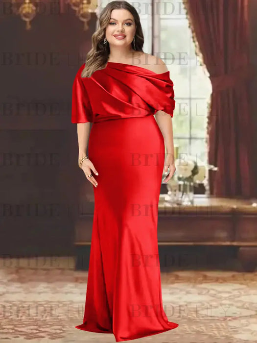Dark Red plus size draped satin mother of the bride gown with blouson top