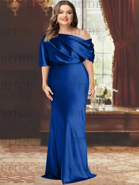 Dark Royal Blue plus size draped satin mother of the bride gown with blouson top