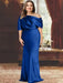 Dark Royal Blue plus size draped satin mother of the bride gown with blouson top