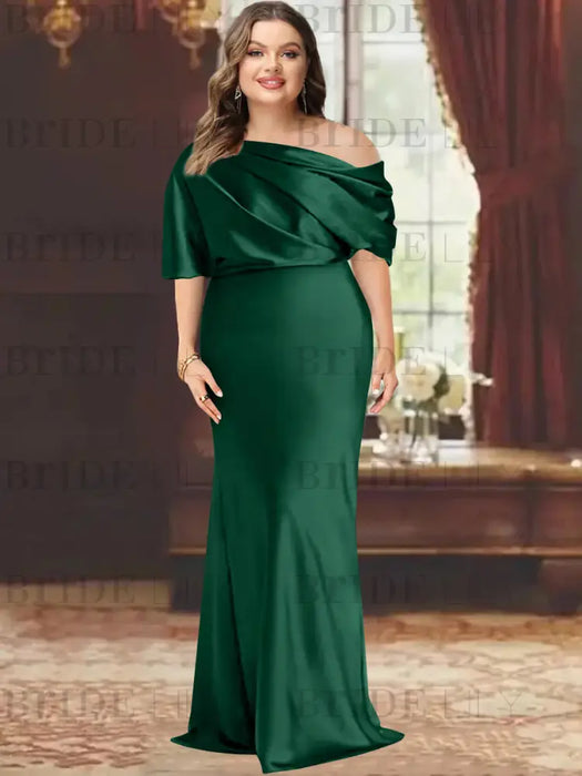 Plus size draped satin column gown with a blouson top in emerald green
