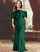 Plus size draped satin column gown with a blouson top in emerald green
