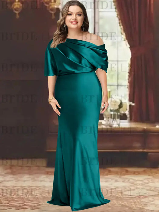Emerald Green plus size draped satin mother of the bride gown with blouson top