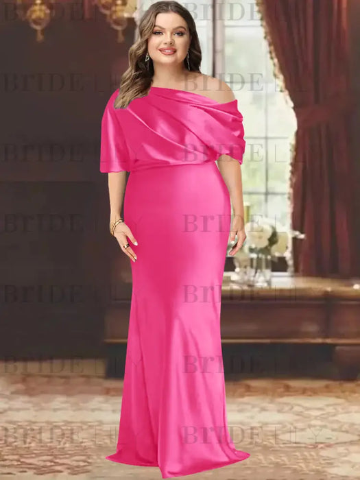 Fuchsia plus size draped satin mother of the bride gown with blouson top