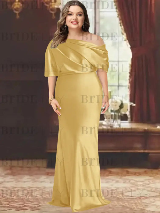 Gold plus size draped satin mother of the bride gown with blouson top
