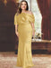Gold plus size draped satin mother of the bride gown with blouson top