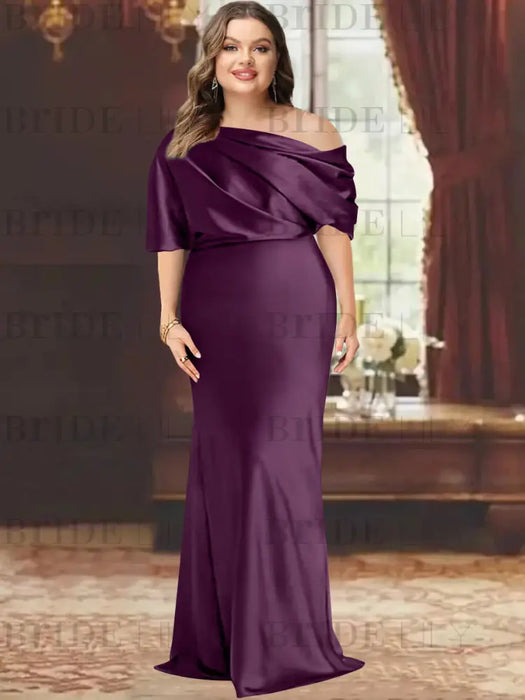 Grape plus size draped satin mother of the bride gown with blouson top