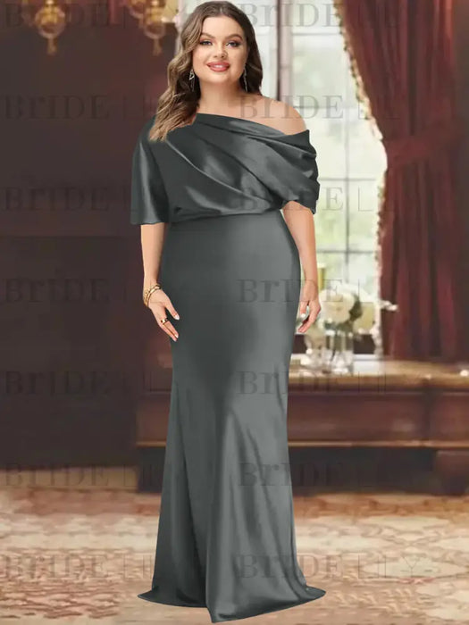 Grey plus size draped satin mother of the bride gown with blouson top
