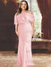 Icy Pink plus size draped satin mother of the bride gown with blouson top