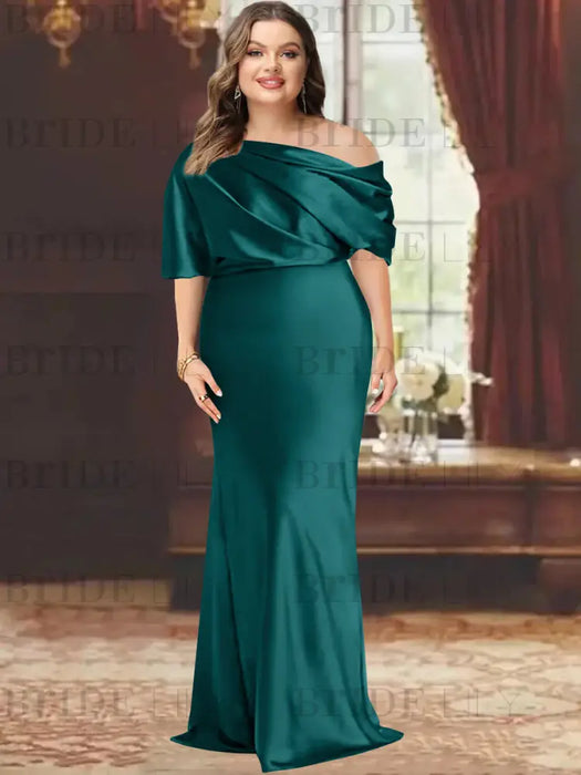 Ink Blue plus size draped satin mother of the bride gown with blouson top