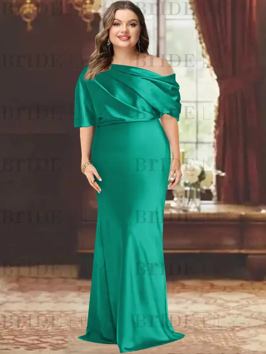 Jade plus size draped satin mother of the bride gown with blouson top