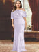 Lilac plus size draped satin mother of the bride gown with blouson top