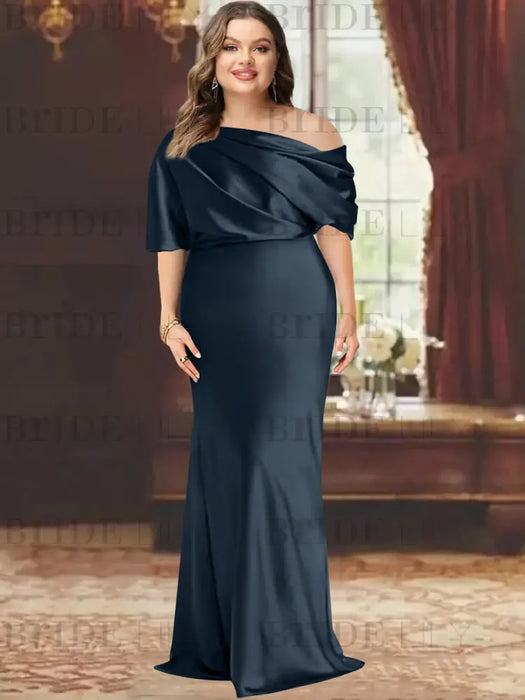 Navy Blue plus size draped satin mother of the bride gown with blouson top