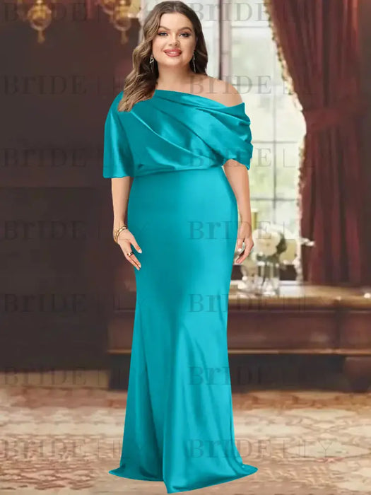 Ocean Blue plus size draped satin mother of the bride gown with blouson top