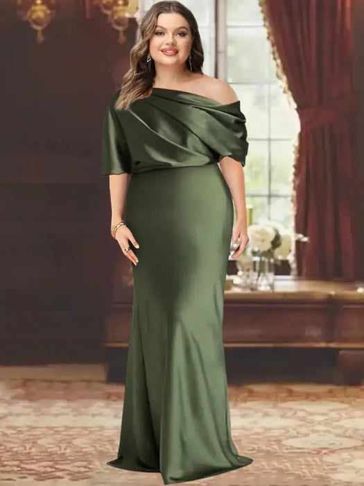 Plus size draped satin column gown with a blouson top in olive green