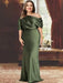 Plus size draped satin column gown with a blouson top in olive green