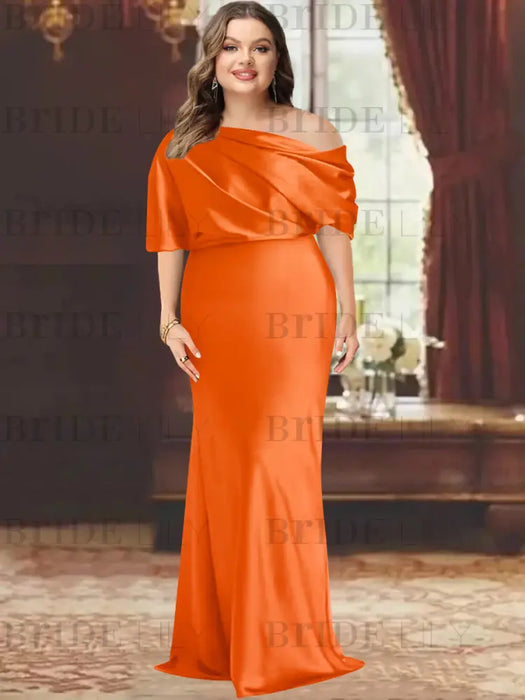 Orange plus size draped satin mother of the bride gown with blouson top
