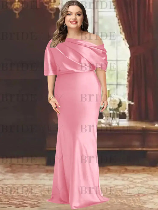 Pink plus size draped satin mother of the bride gown with blouson top