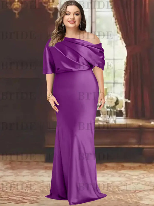 Plum plus size draped satin mother of the bride gown with blouson top
