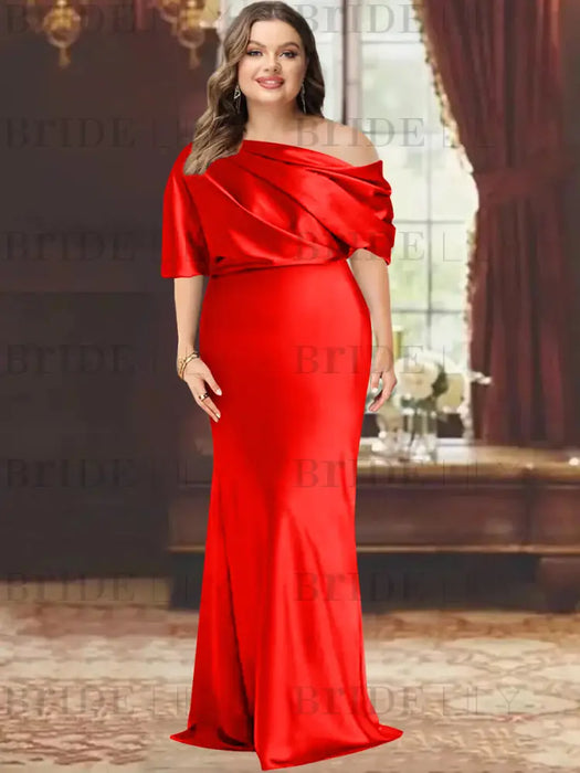 Red plus size draped satin mother of the bride gown with blouson top