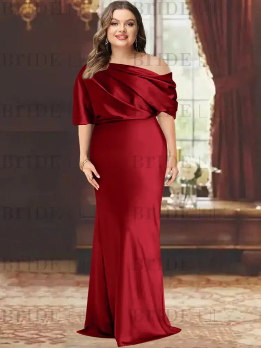 Red plus size draped satin mother of the bride gown with blouson top