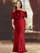 Red plus size draped satin mother of the bride gown with blouson top