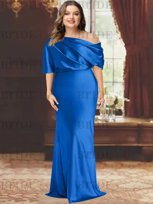 Royal Blue plus size draped satin mother of the bride gown with blouson top