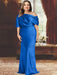 Royal Blue plus size draped satin mother of the bride gown with blouson top