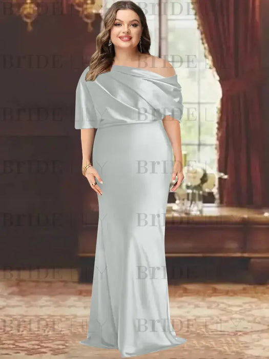 Silver plus size draped satin mother of the bride gown with blouson top
