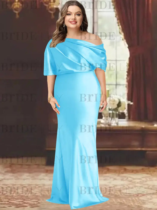 Plus size draped satin column gown with a blouson top in sky blue