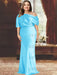 Plus size draped satin column gown with a blouson top in sky blue